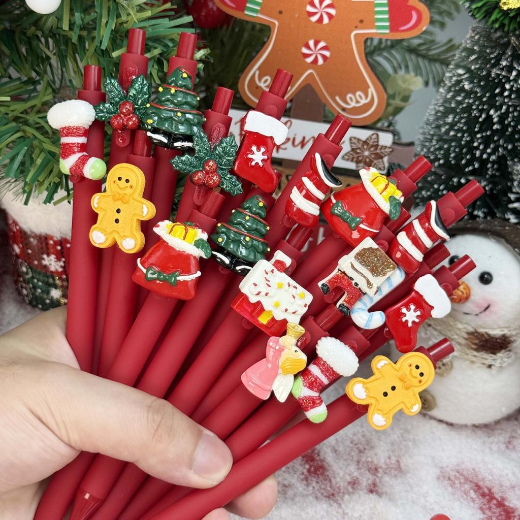10Pcs Red Creative Christmas Snowman Shape Press Pen Cartoon Press Gel Pen Campus Design Gift Stationery Holiday Gift Novelty Stationery Teacher Party