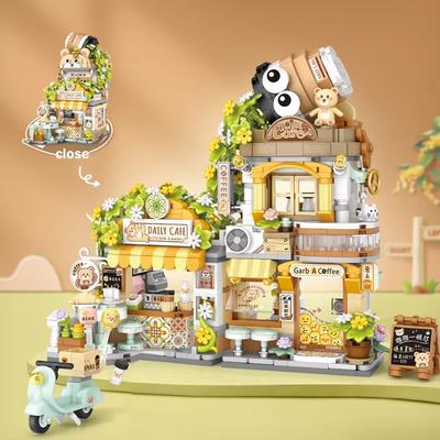 Naujas kinų stiliaus mažojo lokio kavinė gėlių parduotuvė panda arbatos namelis sulankstomas mini konstravimo kaladėlių surinkimo dėlionės žaislai vaikams dovanoms