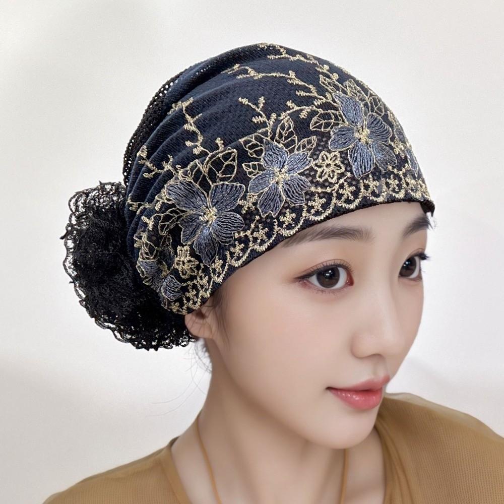 Soft Elastic Curly Hair Hat Embroidered Flowers Elderly Beauty Cap  All-match