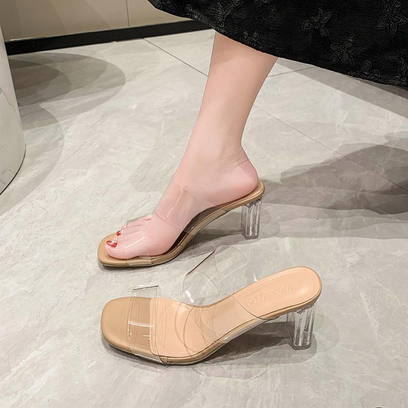 Transparent High Heels Women's Sandals Summer New Square Head Crystal Thick Heel with Fashion Large Size Cool Slippers Outside