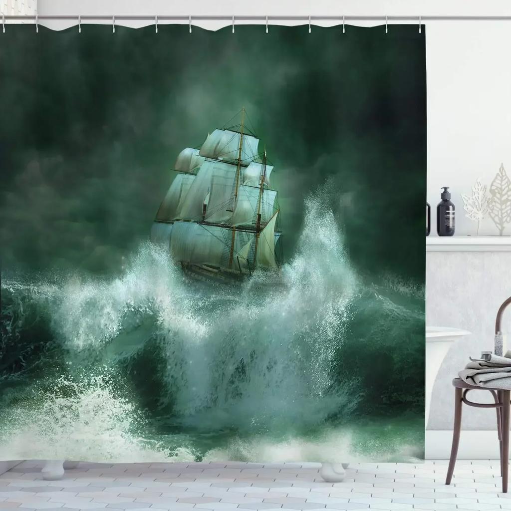 Norse Vikings Ship Shower Curtain Fantasy Boat Art Black and White Color Sailing Dragon Ship Curtain for Bathroom with Hooks