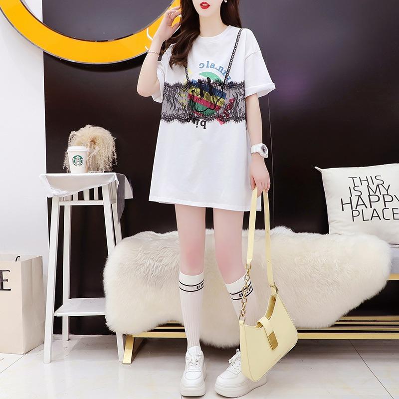 Women's Lazy Lace Stitching Round Neck Short-sleeved T-shirt Women's Summer Loose Slimming Top
