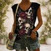 Women Plus Size V Neck Wide Short Sleeve Skull Moon Printed Black T Shirt