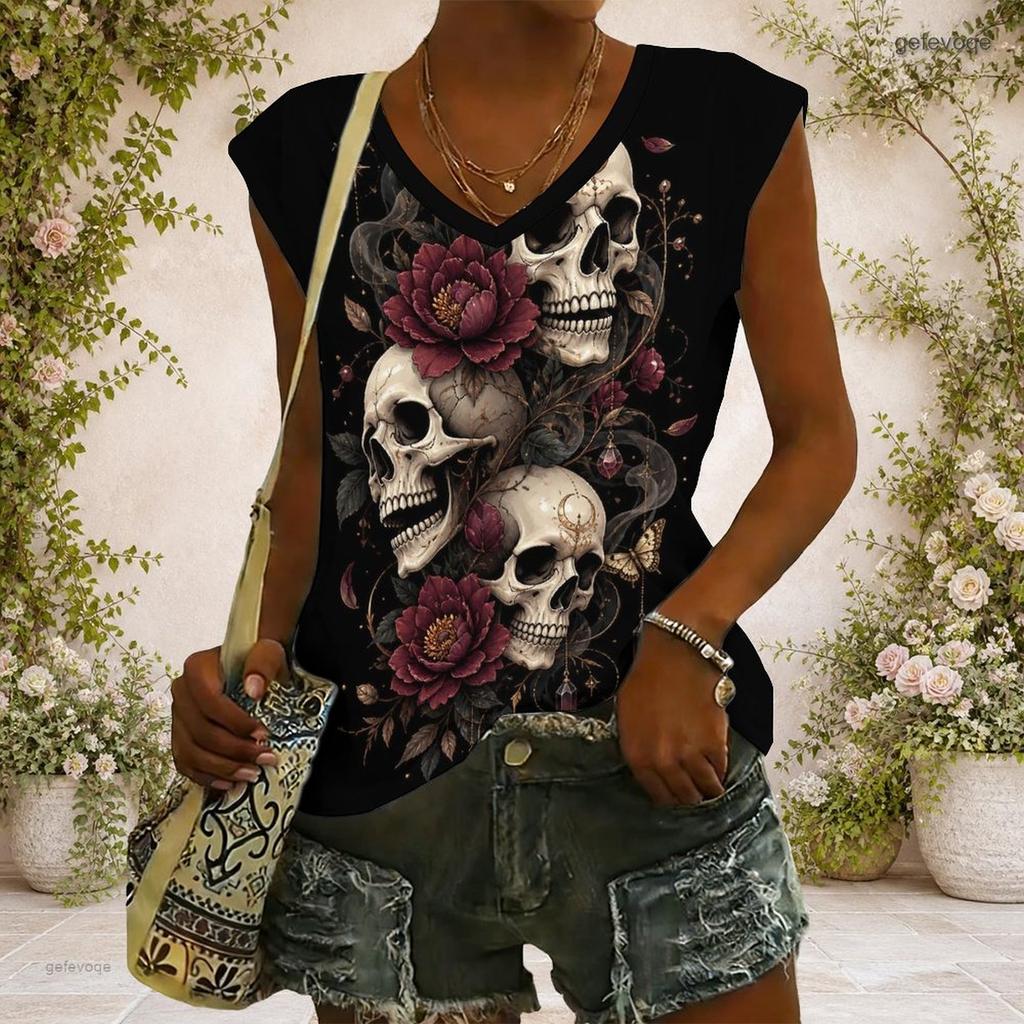 Women Plus Size V Neck Wide Short Sleeve Skull Moon Printed Black T Shirt