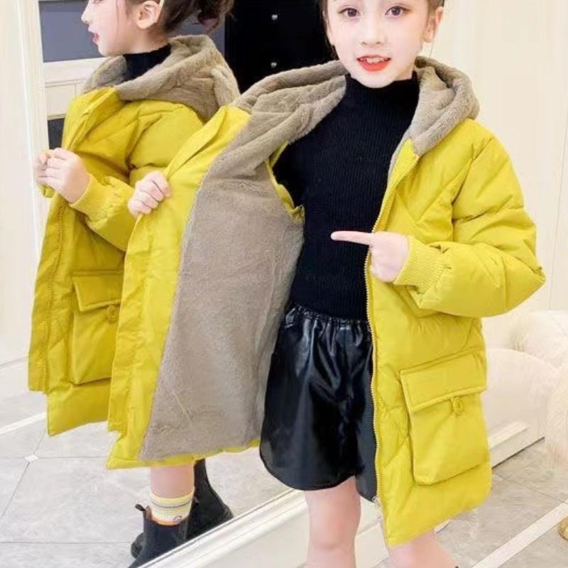 

Верхняя одежда для девочек с капюшоном из плотного бархата, зимние теплые пальто, парки, куртки, симпатичные однотонные пуховики, детская повседневная одежда 160 жёлтый
