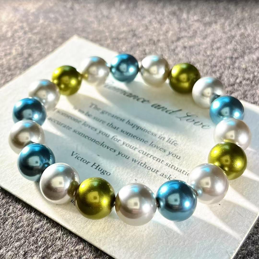 

10Mm Vintage High Quality Tahitian Black Grey Malachite Green Artificial Crystal Pearl Bracelet Bracelet
