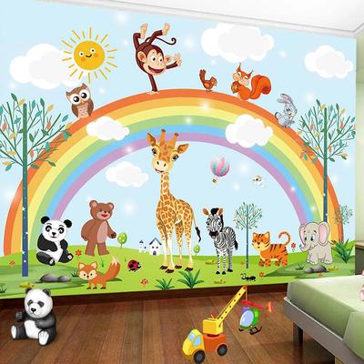 Carta da parati dipinta a mano in 3D del fumetto Arcobaleno Animale Scuola materna Bambini Baby Room Camera da letto Carta da parati Adesivo Decorazioni per la casa