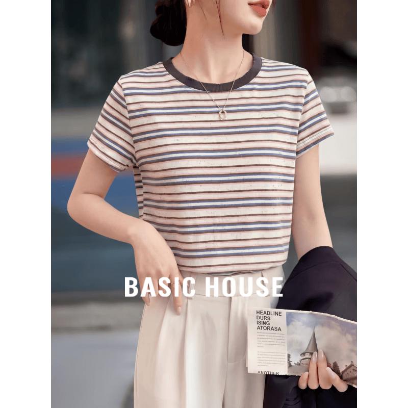 Basic House Women s Striped Crew Neck Short Sleeve T-shirt M