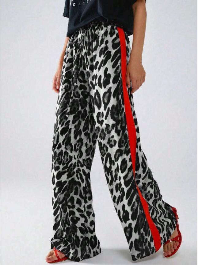 

2025 Leopard Print Patchwork Loose Wide-Leg Women s Trousers Medium