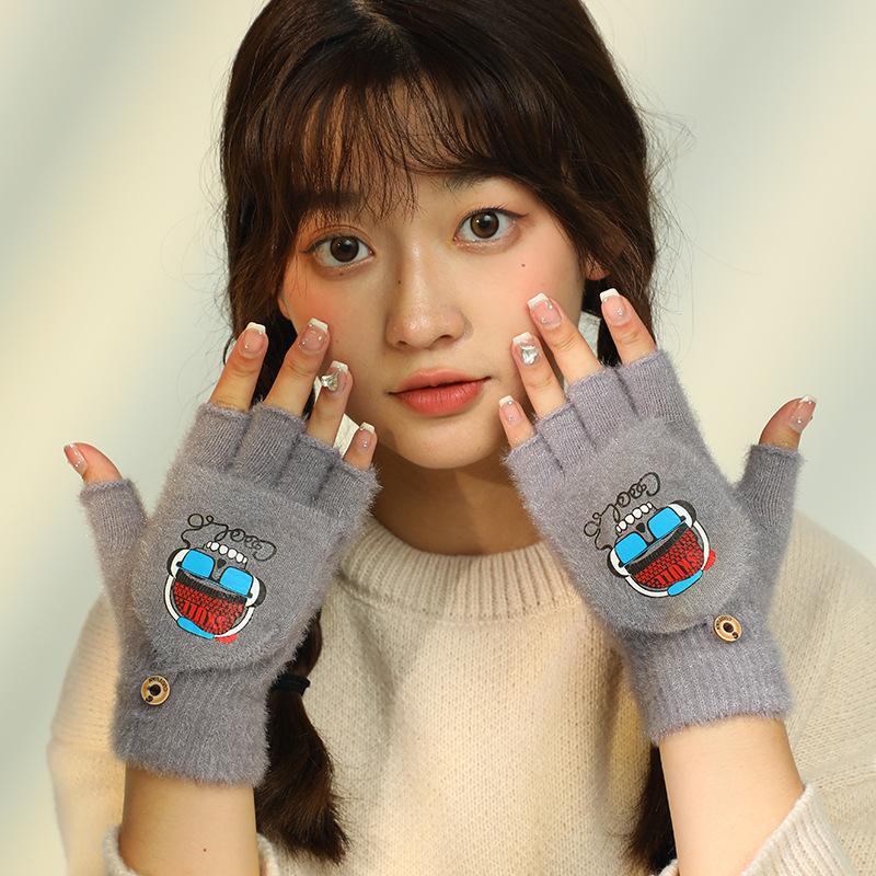 Winter Cycling Cold-proof and Warm Flip-top Plush Female Cute Student Japanese Half-finger Cotton Halloween Luminous Gloves Winter