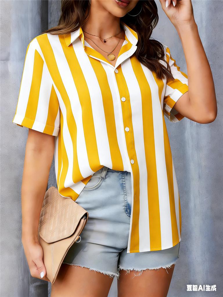 Women Fashion Striped Pattern Shirts Summer Short Sleeve 3d Printed Ladies Street Blouse 3XL Plus Size Casual Tops