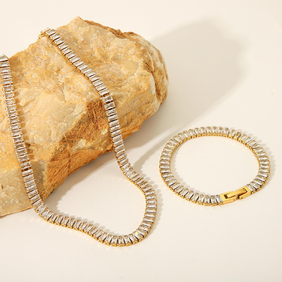 Spring Fashion Luxury 18K Gold-Plated Stainless Steel Bracelet Necklace with Zirconia 8 inch Bracelet золотой