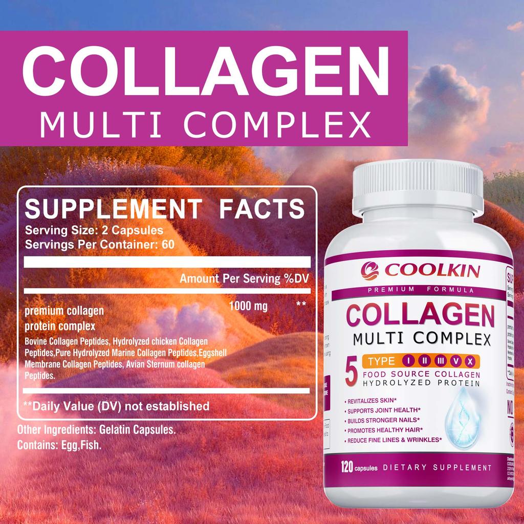Type 5 Complex Hydrolyzed Collagen Capsules, Skin Care, Hair Care, Nail Care, Joint Care, Adult Dietary Supplement