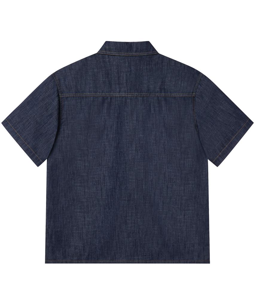 LAUGHER [Summer][Non-Fade] Two-Pocket Denim Work Shirt Short Sleeve - Deep Blue
