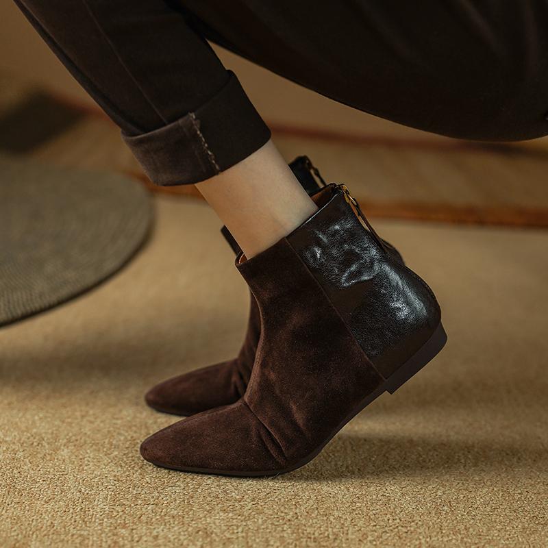 Fashion 2025 NEW Autumn Ankle Boots Kid Suede Leather Women Shoes Pointed Toe Zipper Modern Boots Low Heel Chelsea Boots
