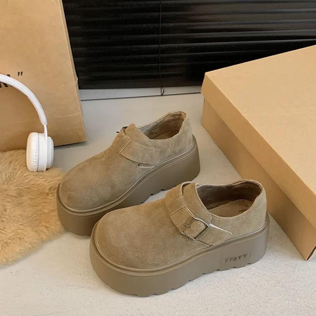 Sponge Cake Bag Head Thick-soled Birkenstocks Women's Velvet Small People Increase In Height, Warm Fluffy Shoes Cotton Shoes Increase In Velvet