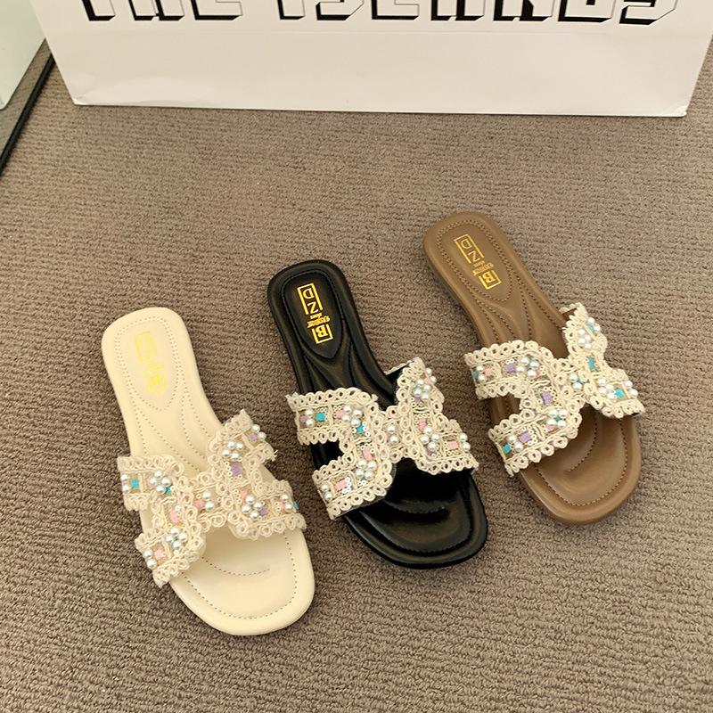 Summer Niche Design Shoes for Women In Flip-flops Pearl Seaside Beach Flip-flops