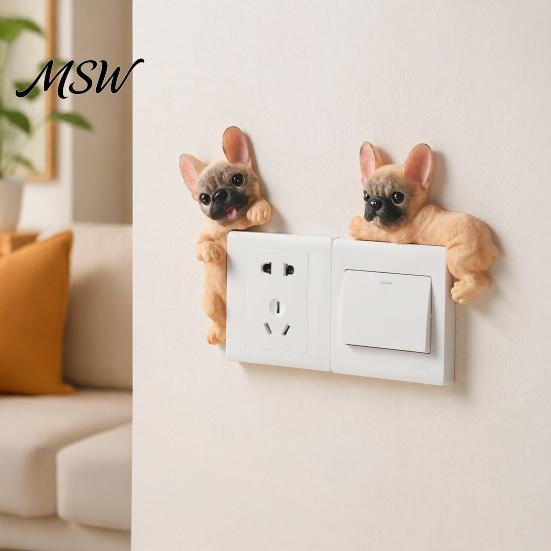 Frenchie Wall Art Decal 3D French Bulldog Resin Light Switch Cover, Cute Cartoon Dog Socket Creative Ornament Decor, Self-Adhesive Animal Plate