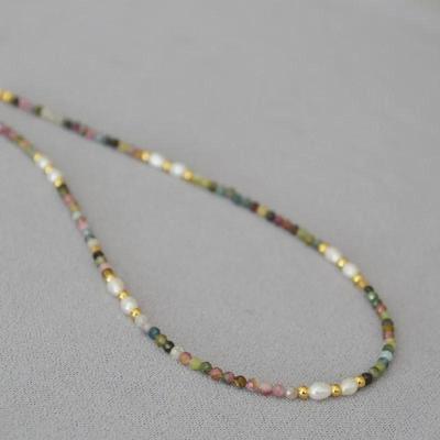 Collar de clavícula con cuentas de turmalina y perlas de agua dulce de estilo retro francés