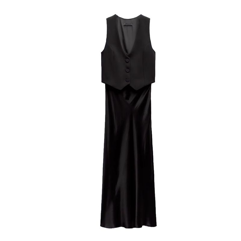 

Summer New Women clothes French style Evening dress V-neck Silk Satin Texture Patchwork Vest Dress 9878281 Black L