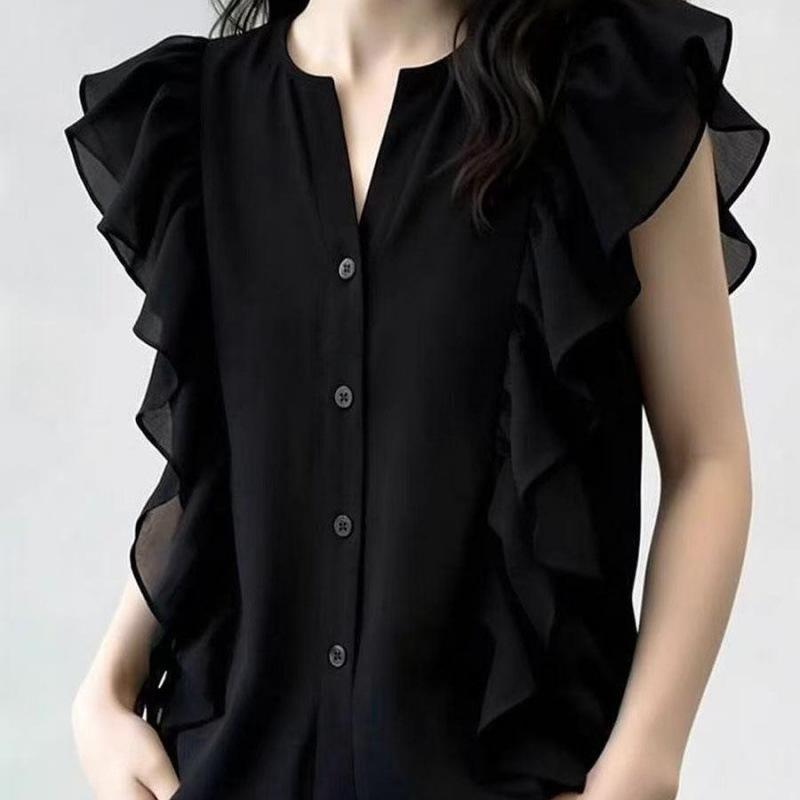 Premium Solid Color Ruffle Edge Short-sleeved Shirt Thin Summer New Fashion Niche Design Thin Top