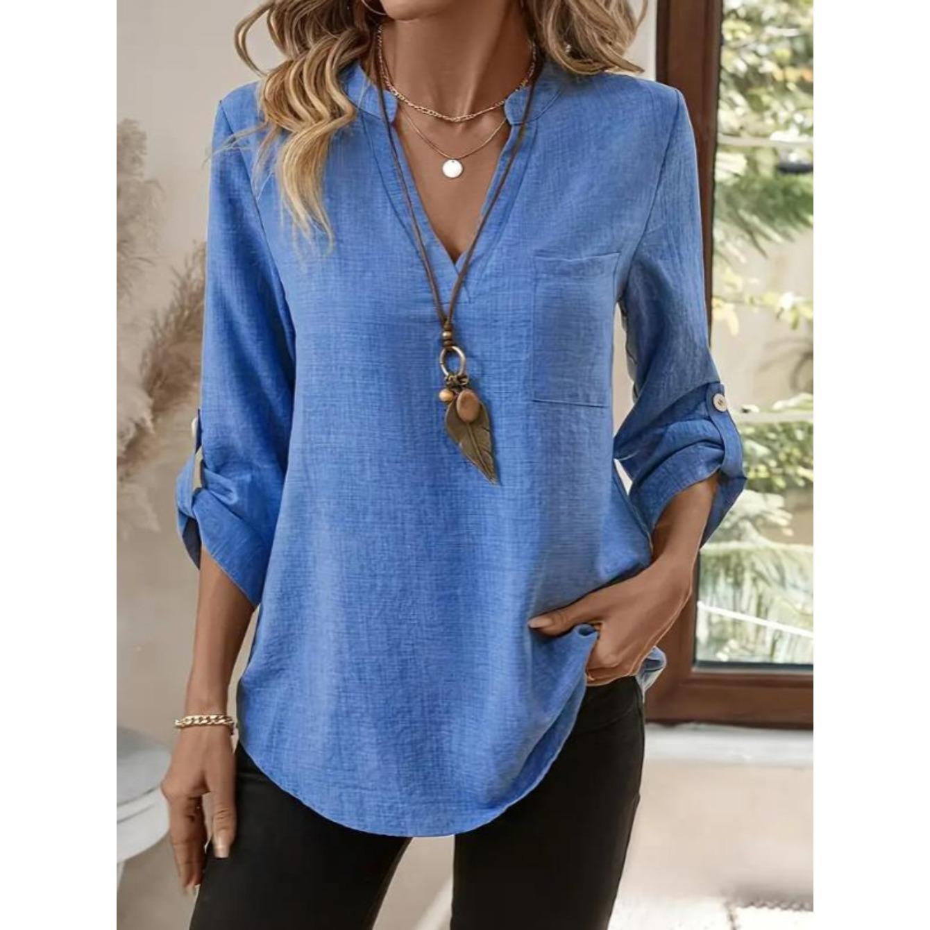 

Женская повседневная блузка с V-образным вырезом и застежкой на пуговицы спереди - Однотонная синяя всесезонная рубашка, Офисный и повседневный топ XXL