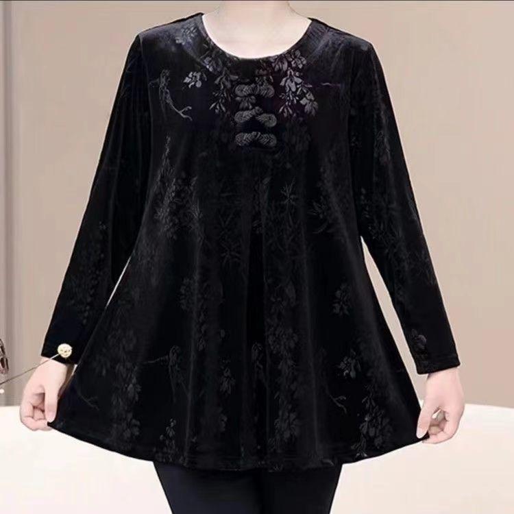 Women's Plus Size Velvet Blouse Round Neck Jacquard Loose Pullover Base Shirt Long Sleeve Velvet T-Shirt Top
