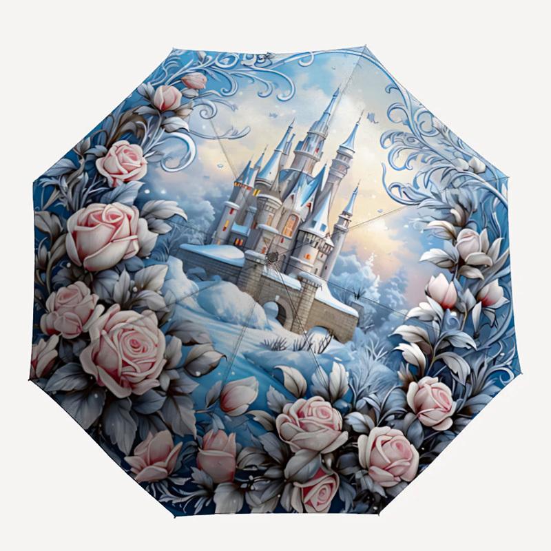 1pc Castle Roses Automatic Folding Umbrella, Sturdy And Durable Automatic Folding Umbrella with 8 Ribs, Convenient for Outdoor Use122