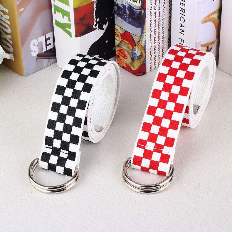 Grid Printed Canvas Belt And Double Loop Buckle Made Of Nylon Woven Material