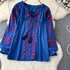 Summer Vintage Women Blouse Embroidered Puff Sleeve Color Block Ethnic Style Camisa Feminina Casual Tops