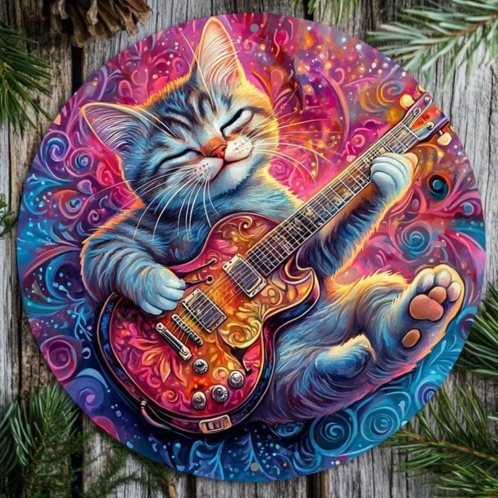 Iron Cat Guitar Metal Wall Art 8 Inch Round Aluminum Decor Pet Theme Home Bar Cafe Office Music Sign