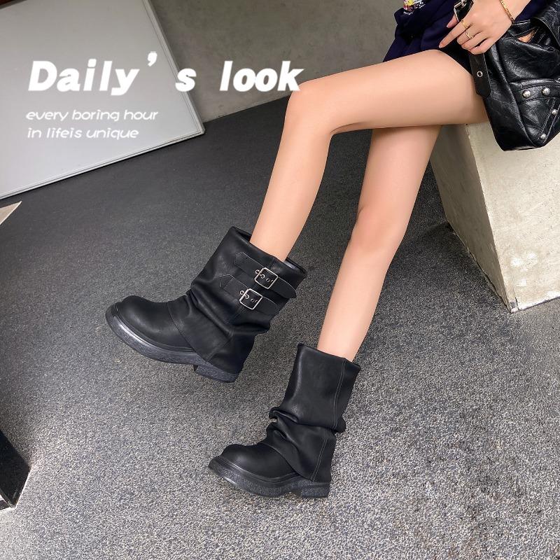 Cowhide version~ Today's popular short boots women's summer cowhide black trouser boots thick-soled small short boots