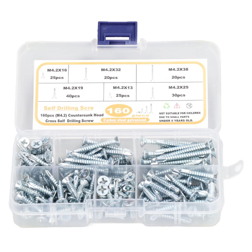 160Pcs Self Drilling Screws Carbon Steel Blue Zinc Plated Countersunk Cross Head Fastener M4.2 for