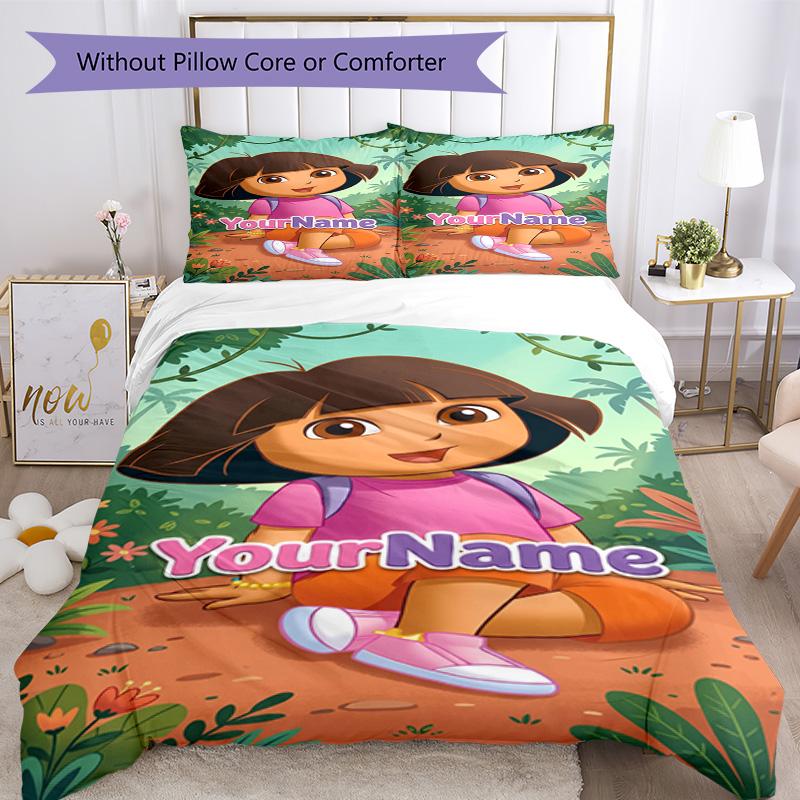Dora Explorer Customize Your Name Bedding Set Breathable Duvet Cover with Pillowcases Home Decoration Birthday Gift