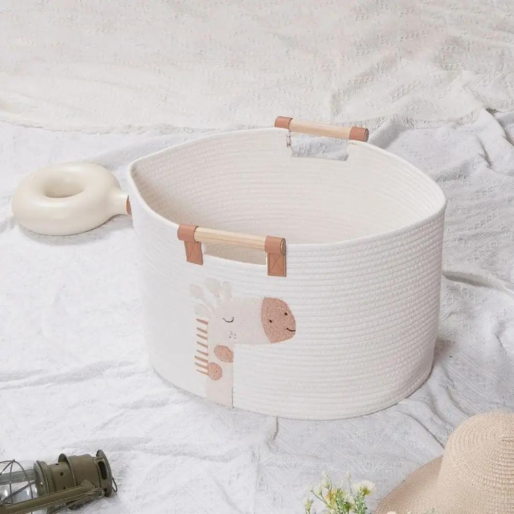 Durable Cartoon Cotton Rope Storage Basket Portable with Handles Woven Storage Basket Cute Toy Snack Organizer Nursery