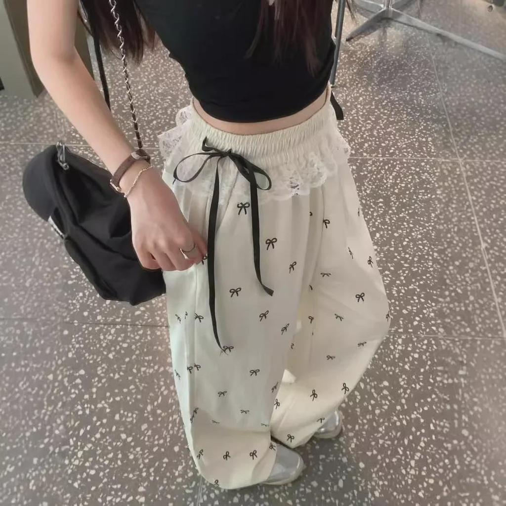 Women's Summer Lace Bow Wide-Leg Pants with Elastic Waist