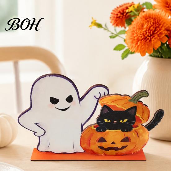 Decorative Wood Crafts Halloween Wooden Ghost And Pumpkin Black Cat Ornaments, Retro Indoor Party Ornaments Cartoon Tabletop Centerpiece Decorations