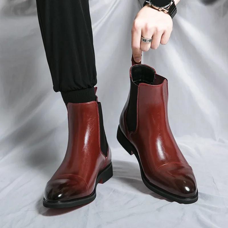 Men's Chelsea Boots British Style High Top Leather Boots Fashion Casual Ankle Boot Quality Pointed Business Dress Boots for Men