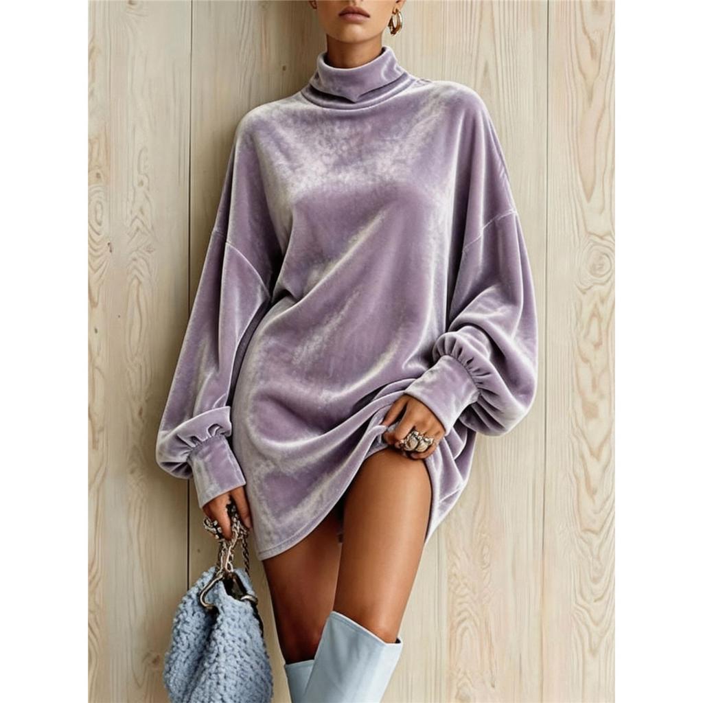 Women Velvet Turtleneck Long Top Oversized Drop‑Shoulder Lantern Long‑Sleeve Loose Casual Tunic