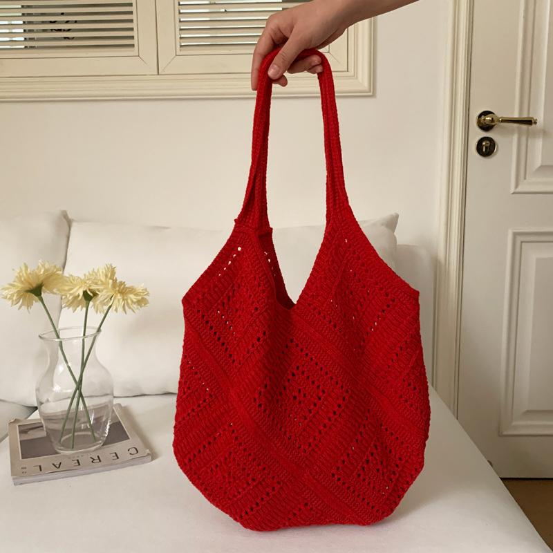 Eleagnt Beach Vacation Knitted Hollow Out Shoulde Bag Handbag Women's Fashion Bucket Soft Crochet Tote Bag KTB