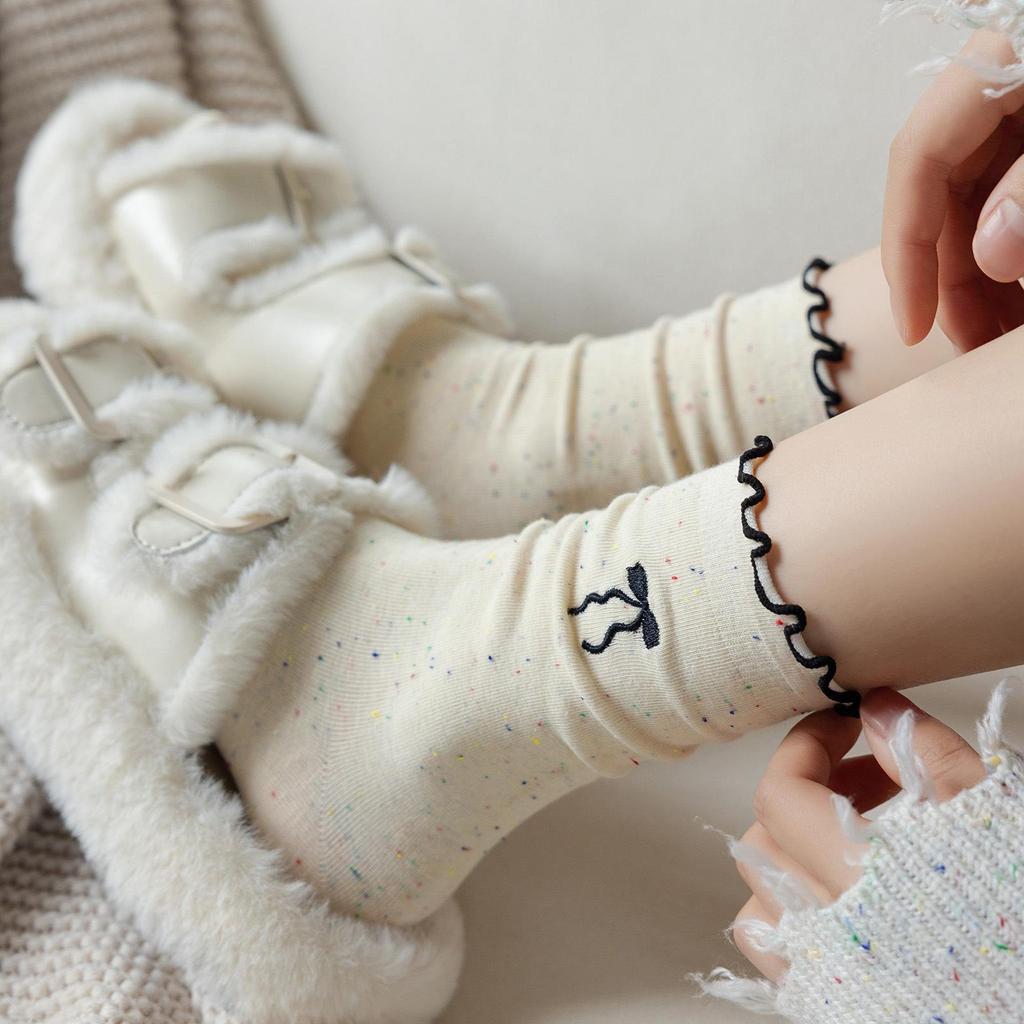 Women's autumn bowknot lace ruffle socks - dot pattern cotton long socks