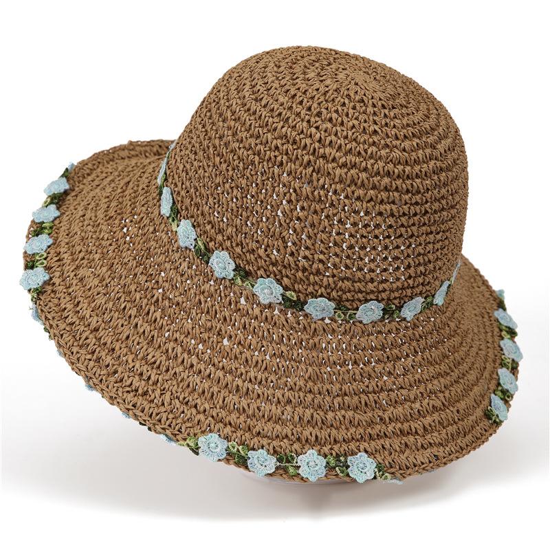Idyllic Weaving Small Flowers Fisherman Straw Hat Woman Summer Seaside Photo Beach Sun Protection Sun Shade Hat