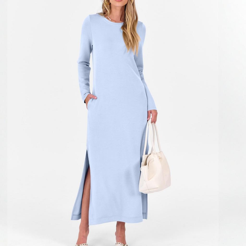 Vestido largo recto de moda para mujer con división de color y doble bolsillo
