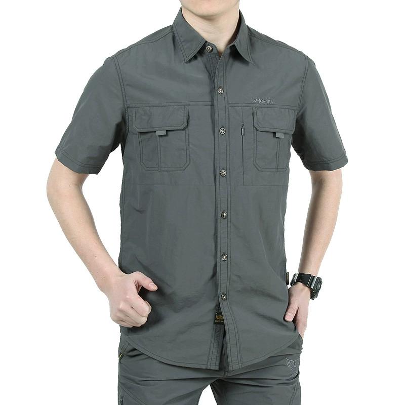 Summer Men Short Sleeve Shirts Quick Dry Turn Down Collar Shirt Outdoor Hiking Camping Fishing Clothing