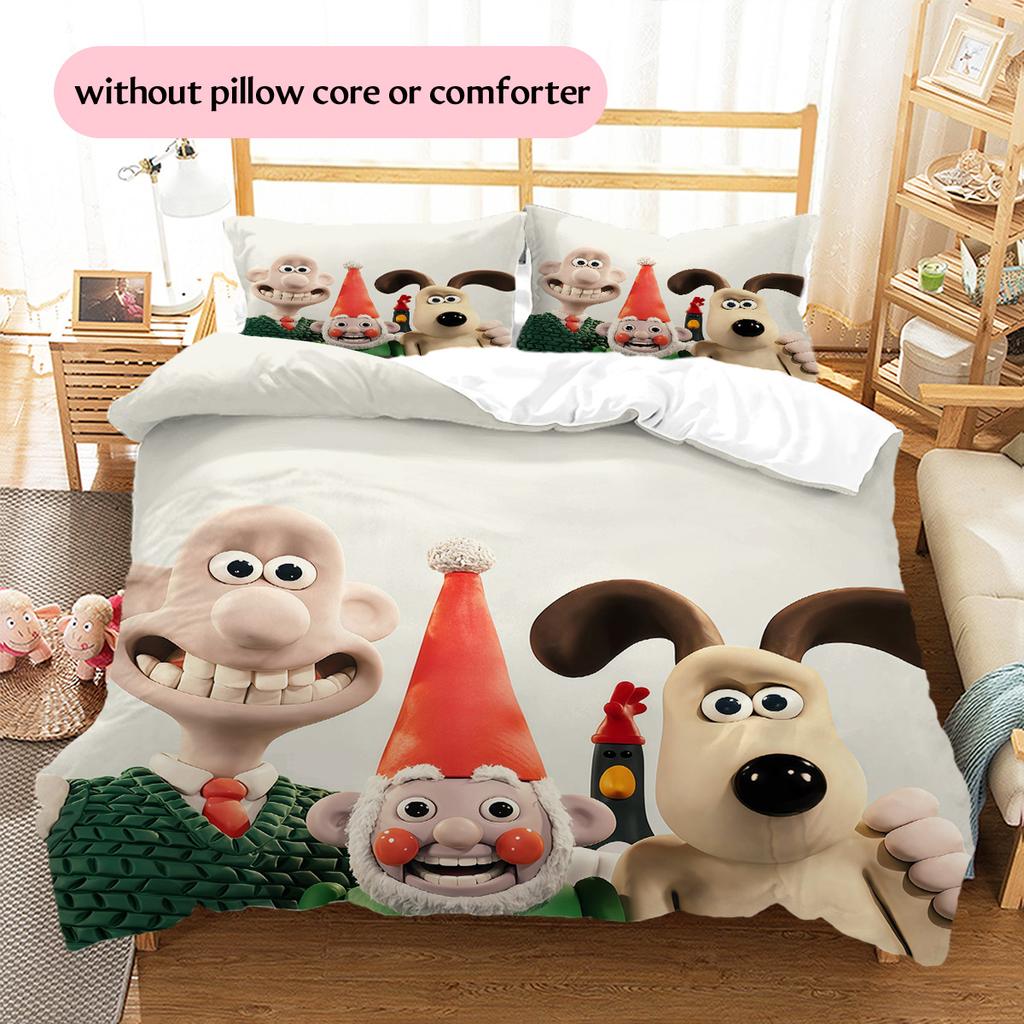 Wallace and Gromit2 Pattern Bedding Quilt Set Home Decoration Gift (1 * duvet cover + 2 * pillowcase without core)