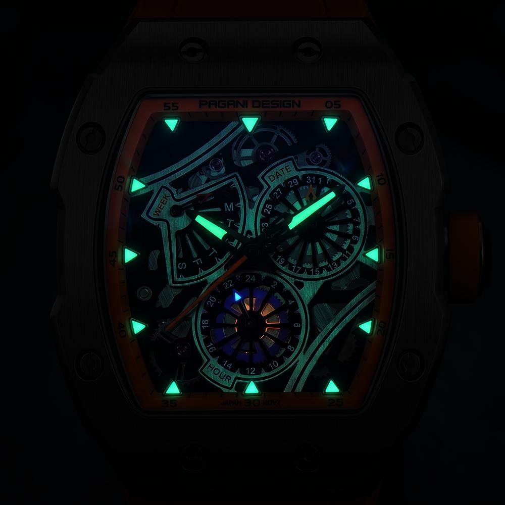 PAGANI DESIGN Tonneau Quartz Watch Men Luxury Sport Waterproof Luminous Multi-Function Silicone Band Male Clock PDYS012