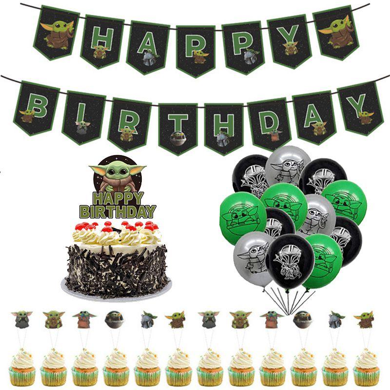 Whimsical Baby Yoda Star Wars Kids Birthday Party Decor Featuring Colorful Cake Toppers And Balloons