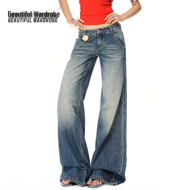 BEAUTIFUL WARDROBE Women s High-Waisted American Retro Wide-Leg Flare Jeans L