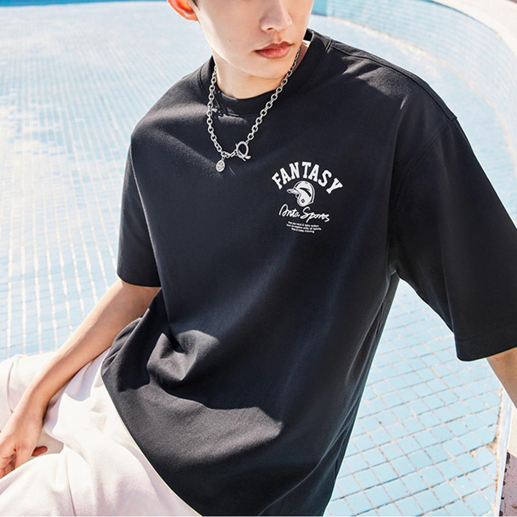 Anta Loose Letter Print Short Sleeve T-Shirt Men tops Black 952328102-4