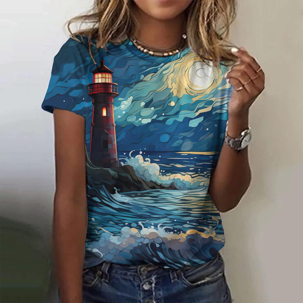 Women's Creative Short Sleeved T-shirt Fashionable Colorful Beach Ocean Print Comfortable Loose Round Neck T-shirt